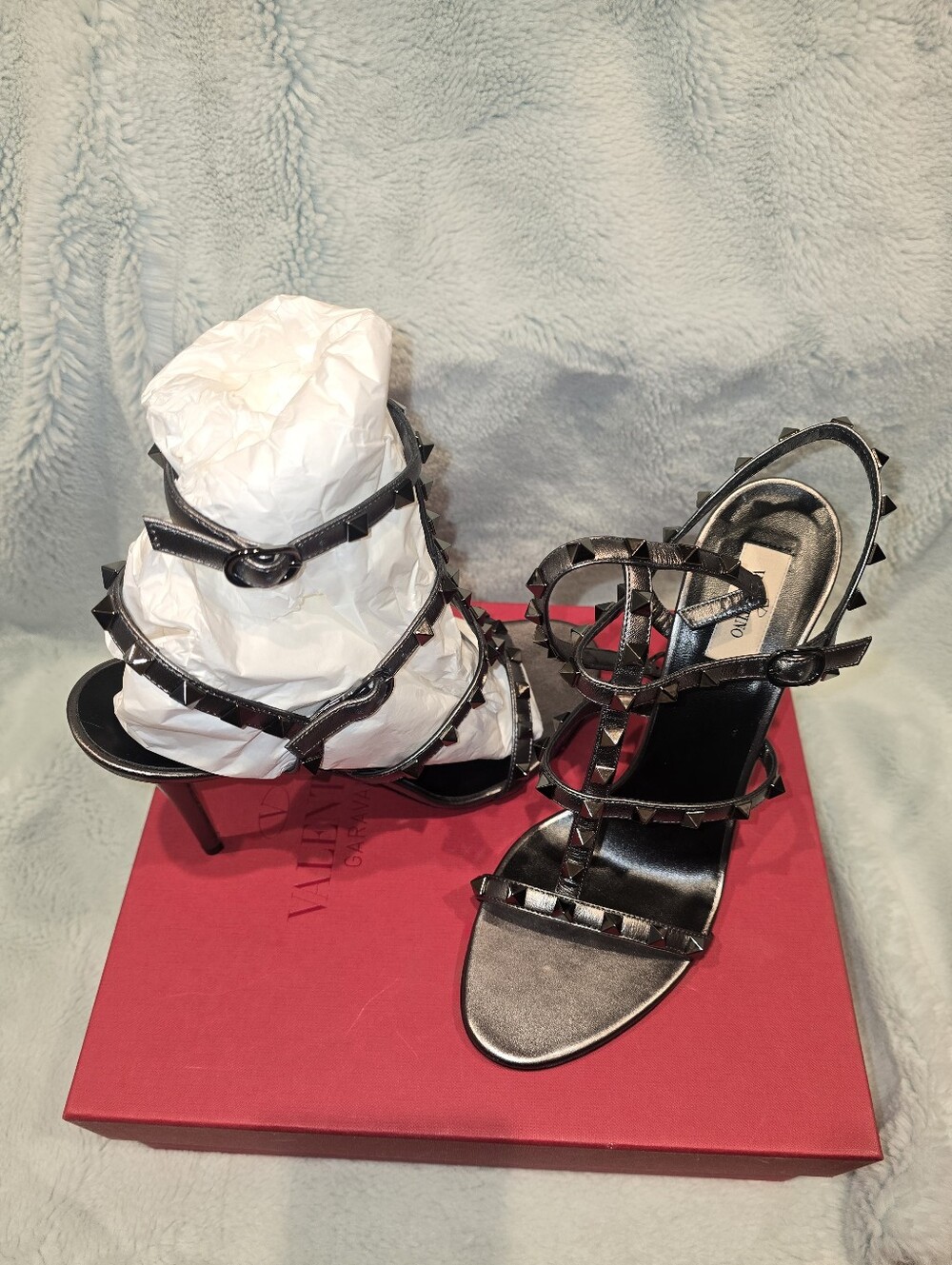 Valentino Rockstud Chrome/Silver Strappy High Heel Sandals